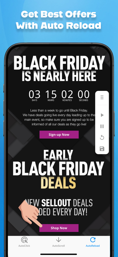 Auto Clicker app interface showing auto reload feature for Black Friday deals