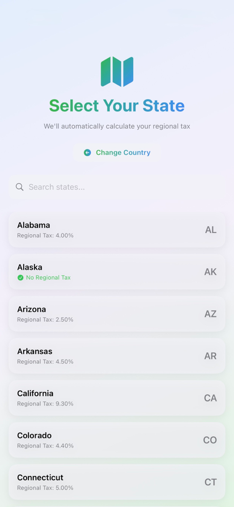PaySense - Interface de l'application PaySense pour sélectionner un État américain afin de calculer automatiquement les impôts régionaux.