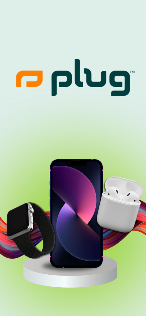 Plug logo with refurbished iPhone Apple Watch and AirPods