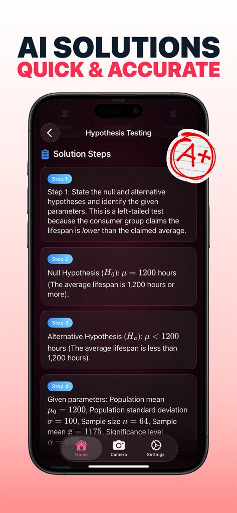 Interfaz de la aplicación móvil mostrando una solución detallada paso a paso de IA para un problema de prueba de hipótesis de estadística