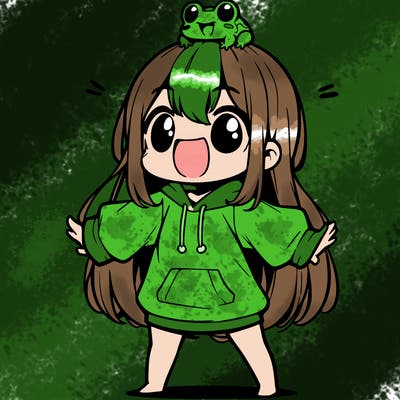 a excited chibi girl whith long hair and a baggy shirt whith a frog on there head