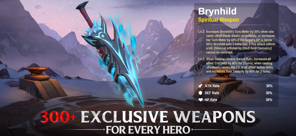 A detailed display of the Brynhild spiritual weapon with stat bonuses and level upgrades in Infinite Magicraid