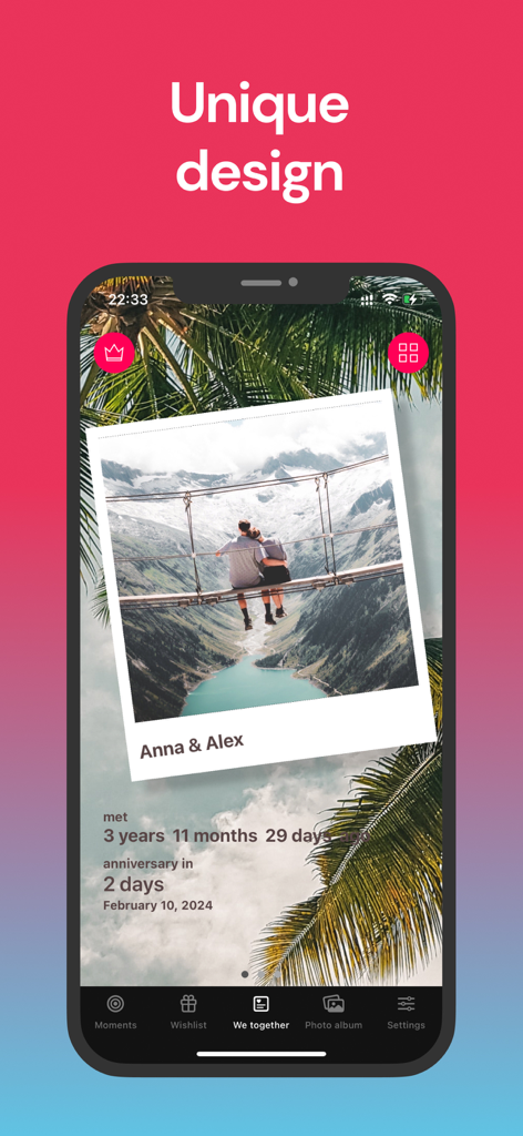 Relationship counter interface in We Together app showing days together and upcoming anniversary