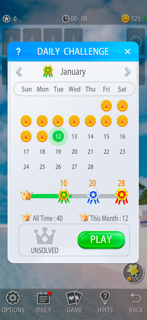 Solitaire classic card game daily challenge screen showing a January calendar with rewards and a play button