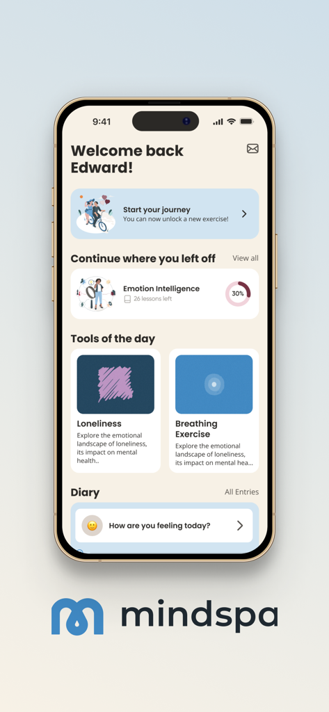 Mindspa - Mindspa mobile app dashboard showing mental health tools and emotional tracking