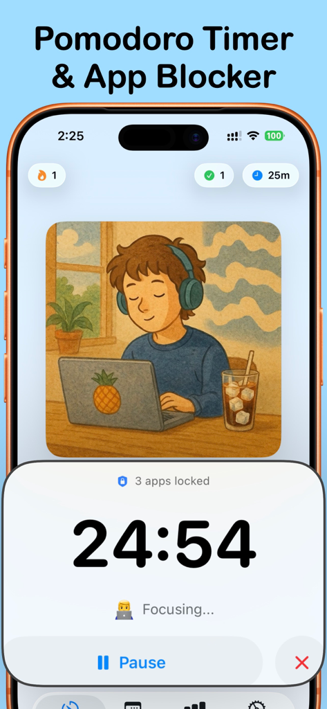 Focus Lock : Pomodoro Timer - iPhone screen showing the Focus Lock app with a Pomodoro timer and app blocking feature enabled