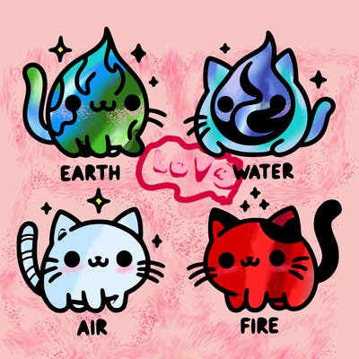 4 cats that represent the different elements, earth, water, air, and fire