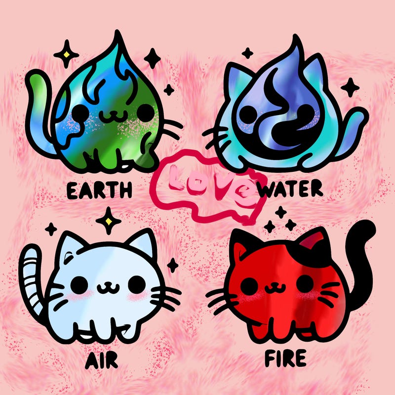 4 cats that represent the different elements, earth, water, air, and fire