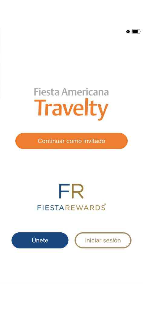 Fiesta Americana Travelty app welcome screen showing login join and guest access options