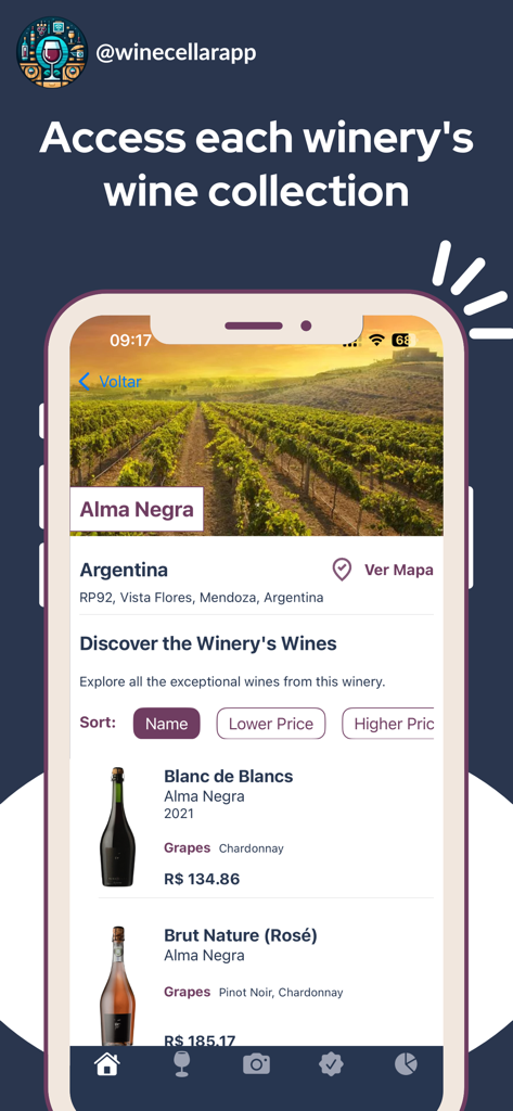 Smartphone displaying a winery collection screen with wine labels and prices within the Wine Cellar App.