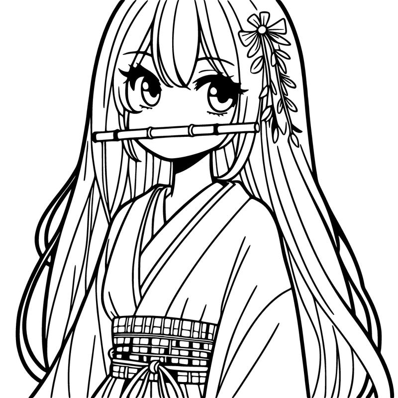 a girl with a bamboo on her mouth, long hair, long kimono, long sleeves, from japan
