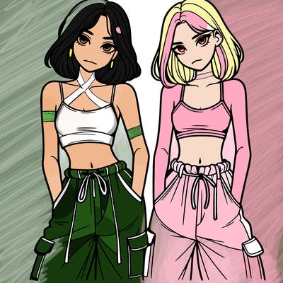 two girls with crop top with baggy pants