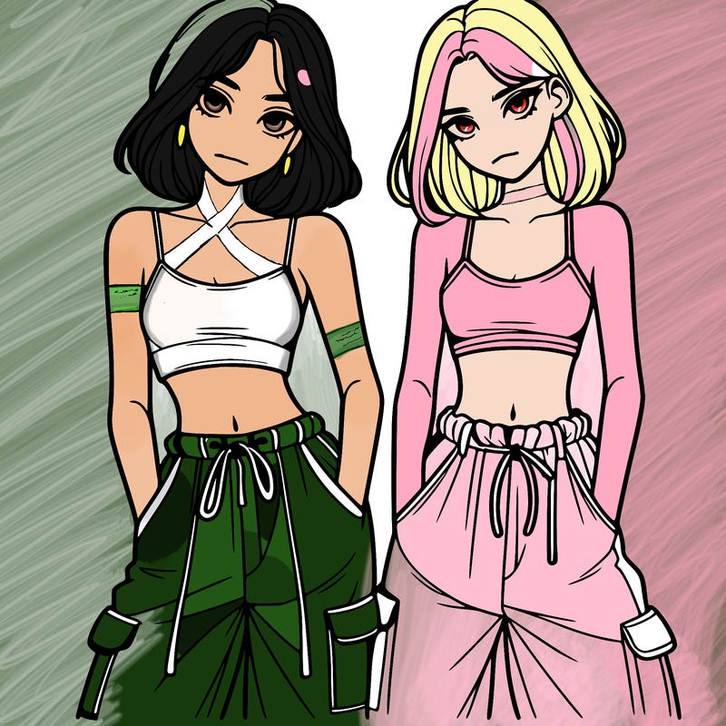 two girls with crop top with baggy pants