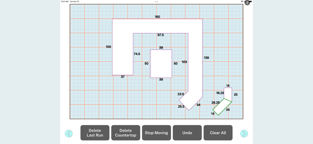 Digital scale drawing of countertop shapes with measurements on a grid