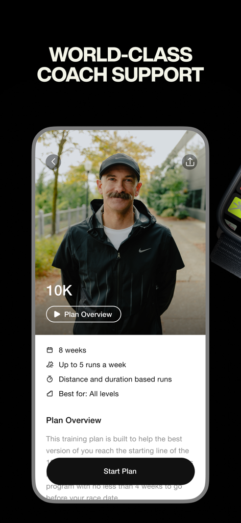 Nike Run Clubアプリのインターフェース、プロのコーチとプランの詳細を表示する10Kトレーニングプラン