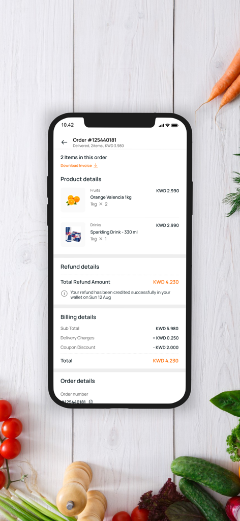 Karrot App - Order summary screen of Karrot App showing items refund and billing details