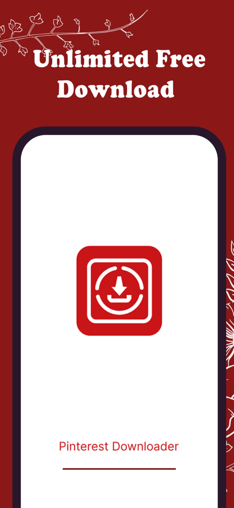 Pinterest Video Downloader splash screen featuring the text Unlimited Free Download with a red background and download icon