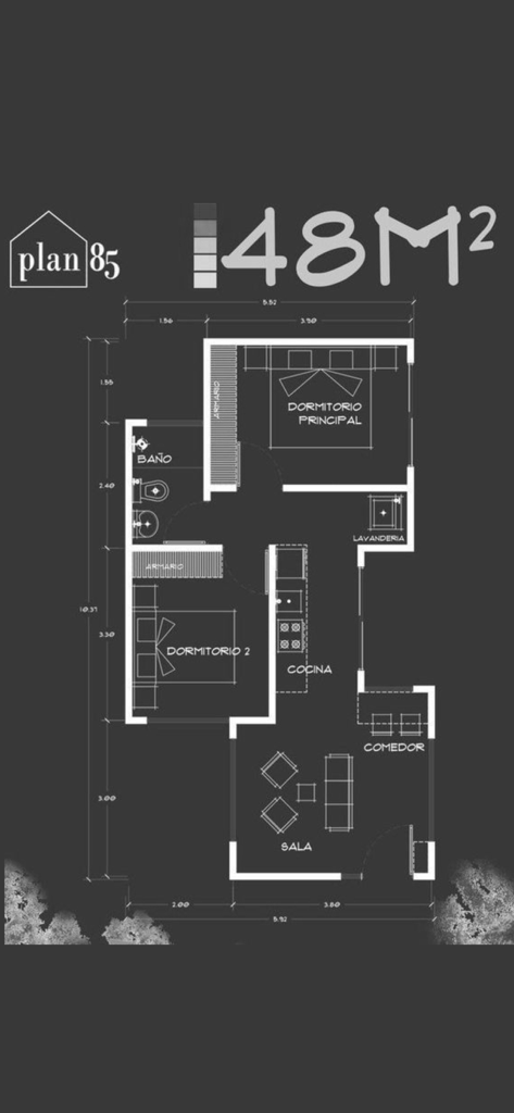 Um layout detalhado de planta baixa 2D mostrando dimensões de cômodos e posicionamento de móveis para um apartamento de quarenta e oito metros quadrados