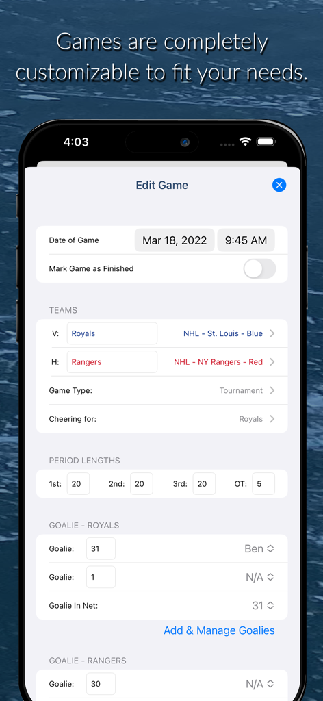 Shot Tracker app screen for customizing hockey game details and team rosters