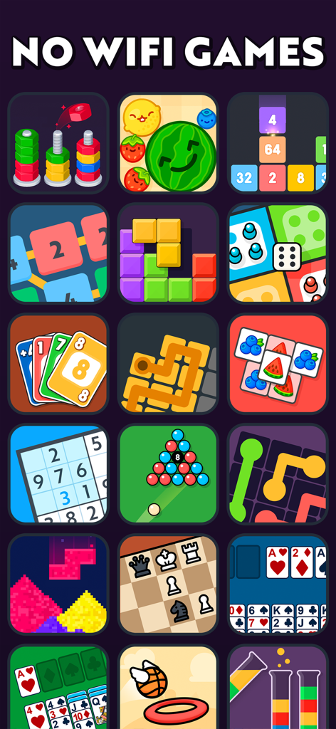 A colorful grid of various mini-game icons including puzzles, card games, and classic strategy games under the title No Wifi Games.
