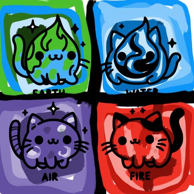 4 cats that represent the different elements, earth, water, air, and fire