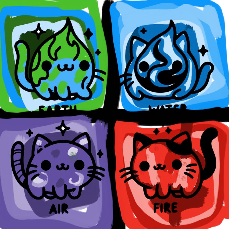 4 cats that represent the different elements, earth, water, air, and fire