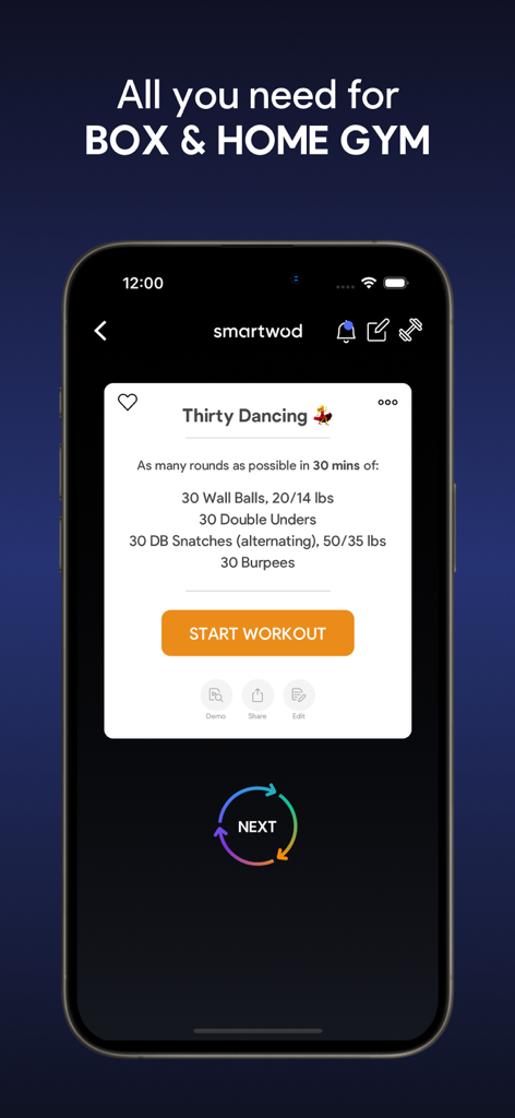 SmartWOD Workout Generator - SmartWODアプリ。ホームジムおよびボックスジム向けの30分AMRAPファンクショナルフィットネスワークアウトが表示されています。