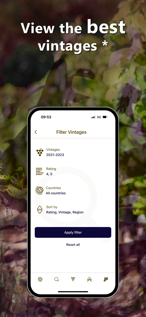 Mobile app screen showing vintage filtering options by year rating and country