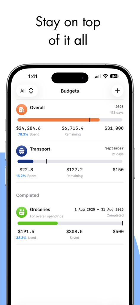 Dimewise: Track & Budget - Dimewise mobile app interface showing custom budgets with progress bars and spending insights