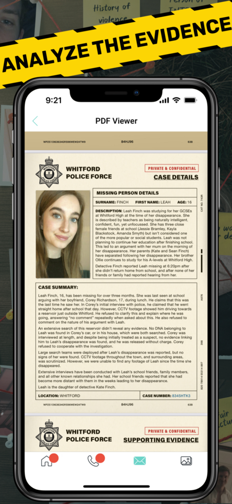 A digital police report for a missing person case on a mobile phone screen within the Suspects game interface