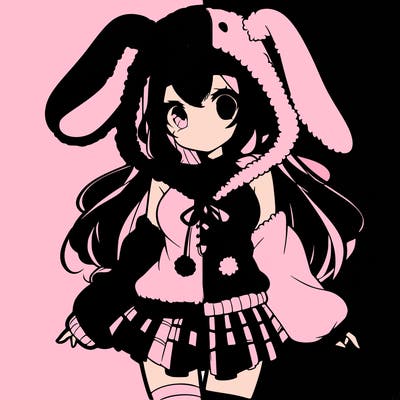 pretty anime girl wearing a fluffy hoodie with bunny ears on the hood and a skirt