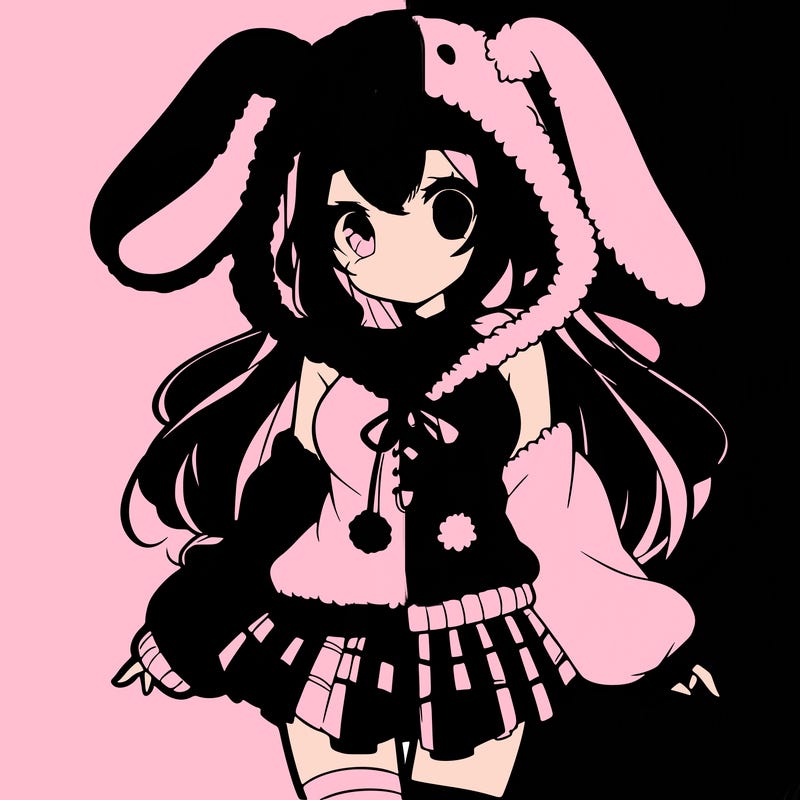 pretty anime girl wearing a fluffy hoodie with bunny ears on the hood and a skirt