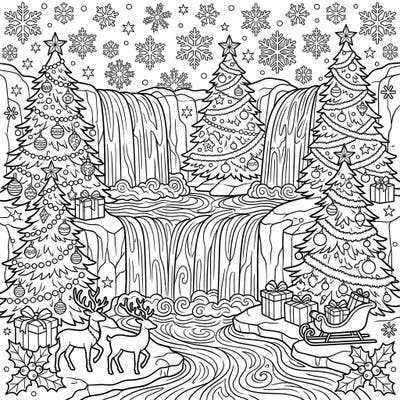 Immerse yourself in the enchanting beauty of a Christmas waterfall, where nature meets holiday magic. This delightful coloring page features festive trees, playful reindeer, and sparkling snowflakes, perfect for a relaxing creative escape.