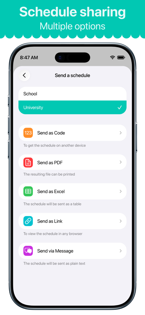 Smart Timetable: Daily Planner - Interfaz de la app Smart Timetable que muestra opciones para compartir un horario como código, PDF, archivo de Excel, enlace o mensaje.