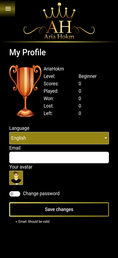 User profile screen of the Hokm card game showing player statistics and account settings