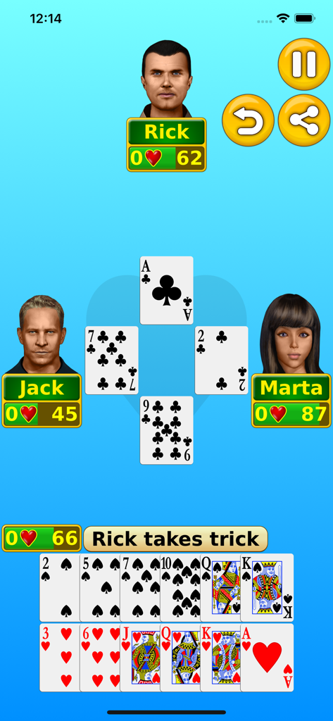 Tela de jogabilidade do jogo de cartas Copas mostrando avatares e cartas jogadas em uma mesa.