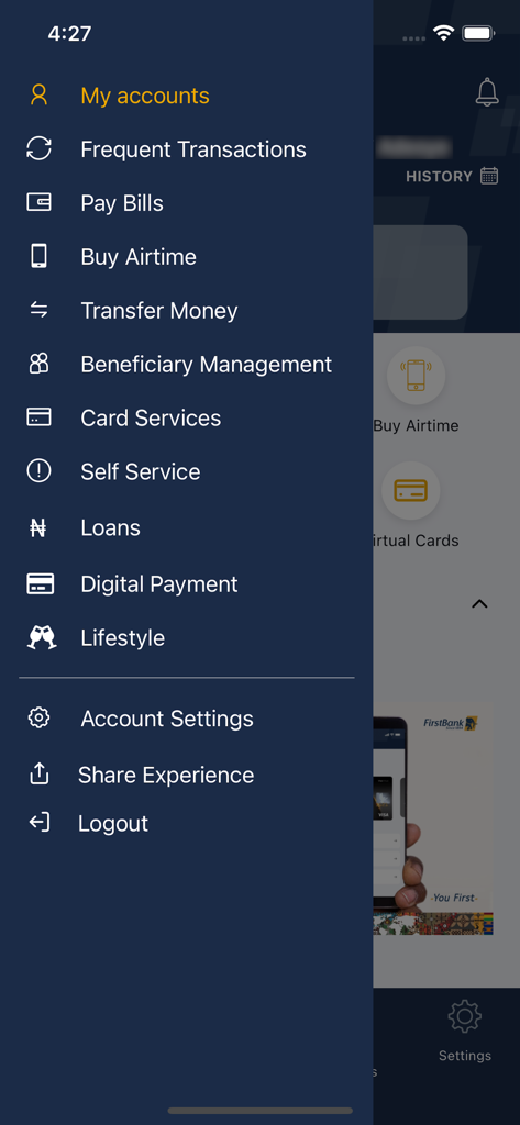 Side navigation menu of the FirstMobile banking app showing services like account management, bill payments, and money transfers.