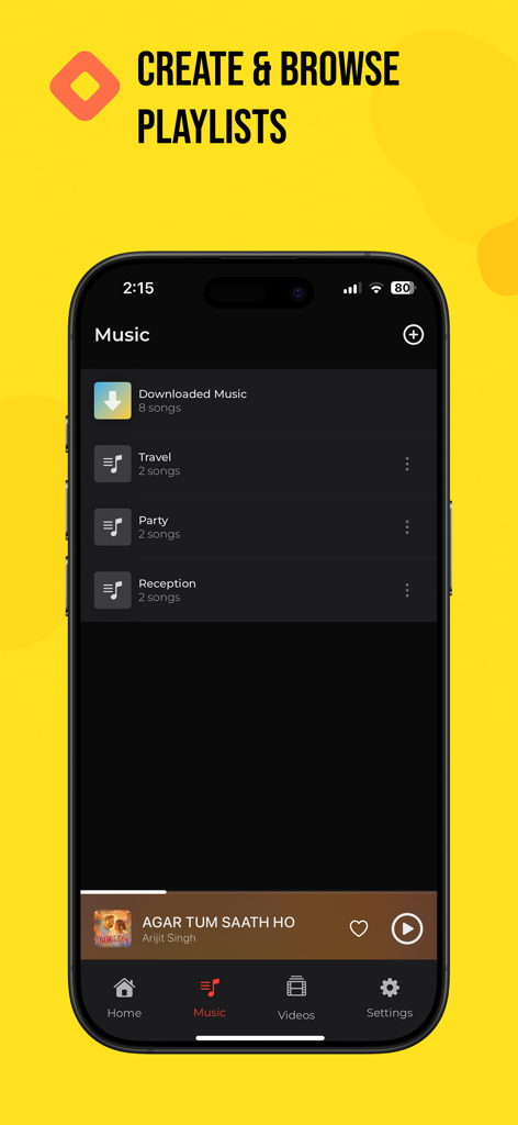 Stube : Offline Music & Videos - Interface de la bibliothèque musicale de l'application Stube montrant des listes de lecture personnalisées et un lecteur média sur un iPhone.