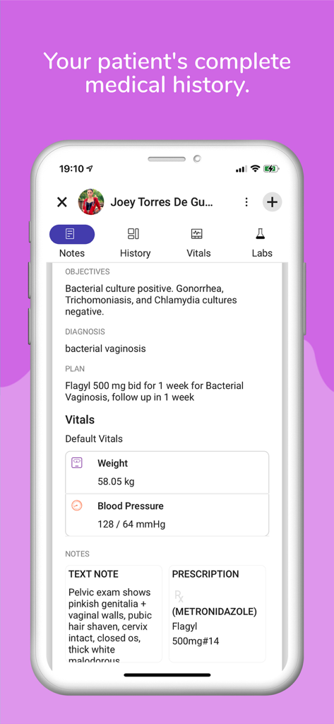 SeriousMD Doctors app interface showing a complete patient medical history including diagnosis vitals and clinical notes on a mobile device