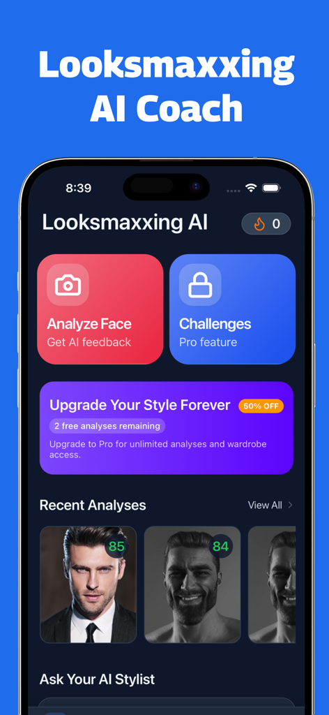 Looksmaxxing AI Face Rating app dashboard showing face analysis and facial symmetry scores