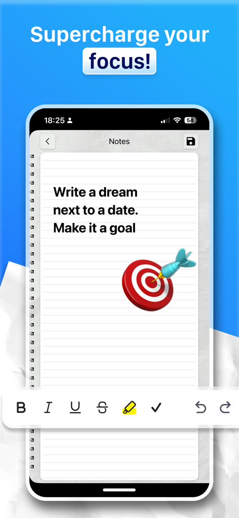 A digital notebook page in the Paper Planner app displaying a motivational goal setting message and a target icon.