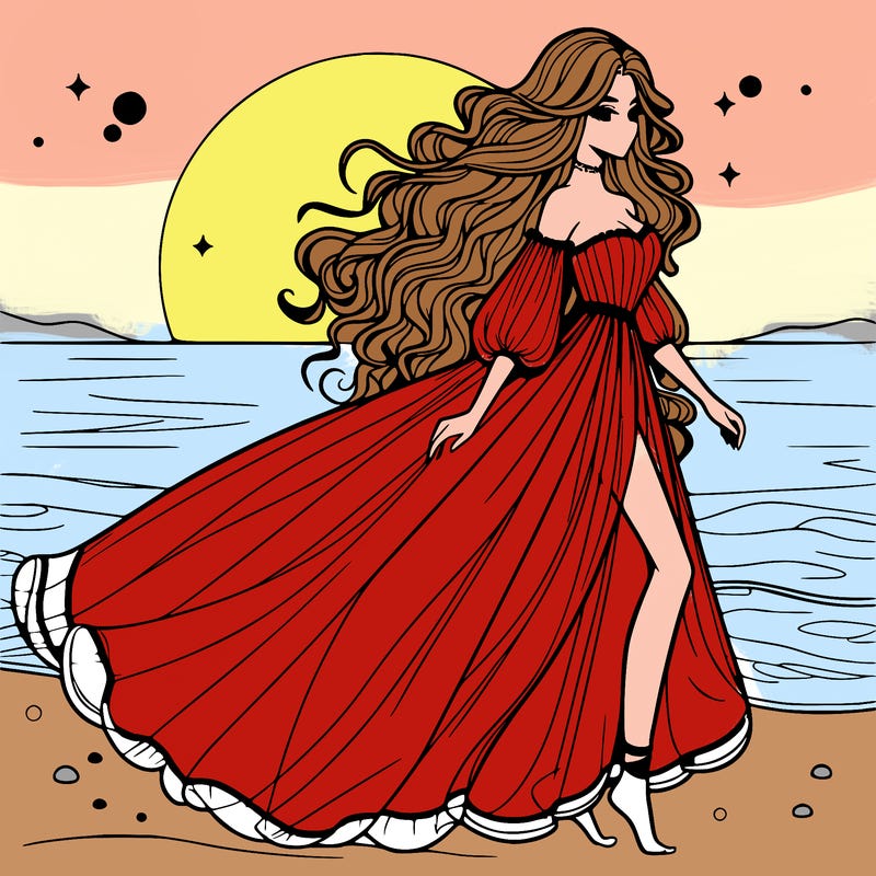 beautiful woman with a vaporous long dress walking on the beach at the noon, detailed art