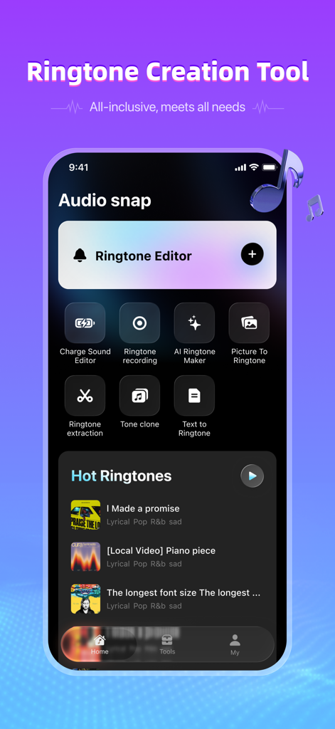 Interfaz de la aplicación AudioSnap que muestra herramientas de edición de tonos de llamada como creador de IA y clonador de tonos