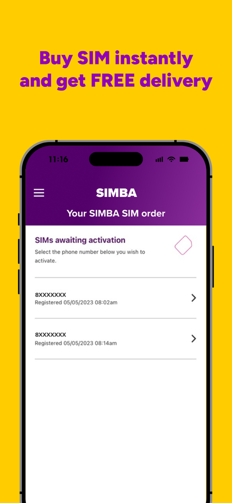 Screenshot of My SIMBA app displaying SIM order and activation status for new phone numbers.