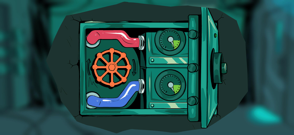 Parallel Experiment - Un gros plan d'une énigme mécanique dans Parallel Experiment avec une roue de valve et des manomètres dans un style artistique bande dessinée.