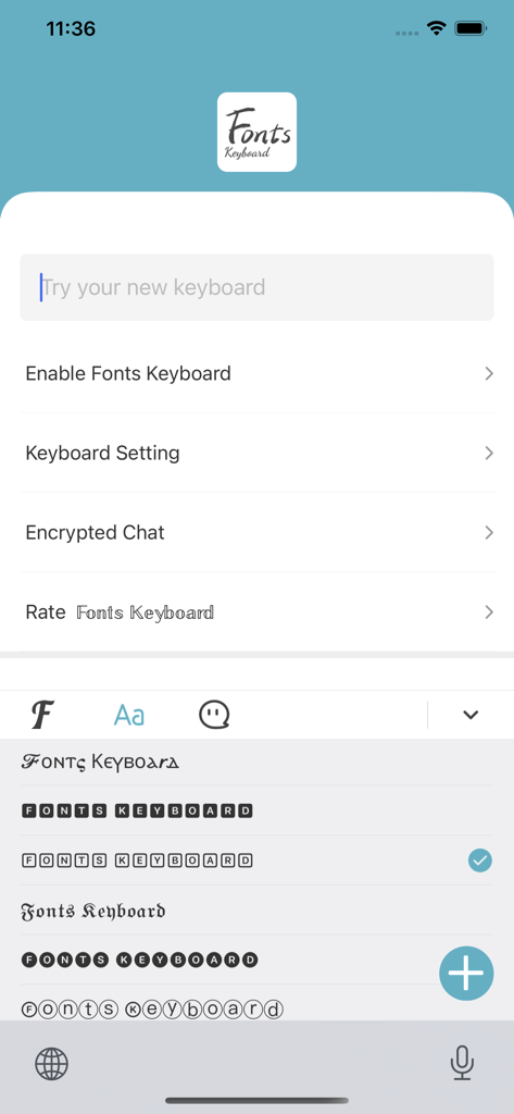 Fonts Keyboard - Interface of the Fonts Keyboard app showing a menu with options like Encrypted Chat and a selection of custom font styles on the keyboard