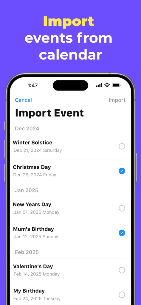 Countdown - Countdown Widget - iPhone interface for importing calendar events into the Countdown app