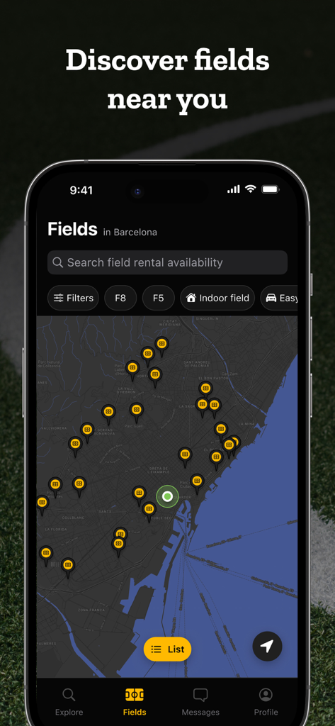 CeleBreak mobile app map interface displaying numerous soccer field locations with availability filters for booking games.