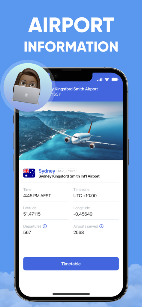 Flight Tracker Airplane Radar - Schermata dell'app Flight Tracker che mostra informazioni dettagliate sull'aeroporto di Sydney Kingsford Smith International Airport
