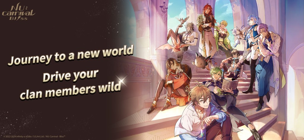 Un grupo de atractivos personajes masculinos de anime del juego NU Carnival Bliss posando juntos en una escalera en un salón iluminado por el sol